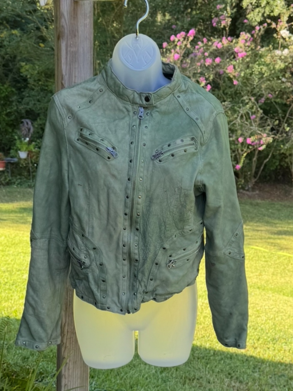 VINTAGE WILSON LEATHER GREEN JACKET, DISTRESSED, size S - Picture 5 of 12